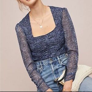 RANNA GILL Anthropologie Mylene Blouse Navy Sz S P NWT Sheer Sleeve Square Neck